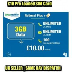 3GB Data + Unlimited UK Calls & Texts 1 x Lycamobile £10 Preloaded Bundle SIM