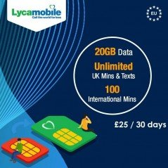 20GB Data + Unlimited UK Calls & Texts + 100 Intnl Mins Lycamobile PRELOADED Sim