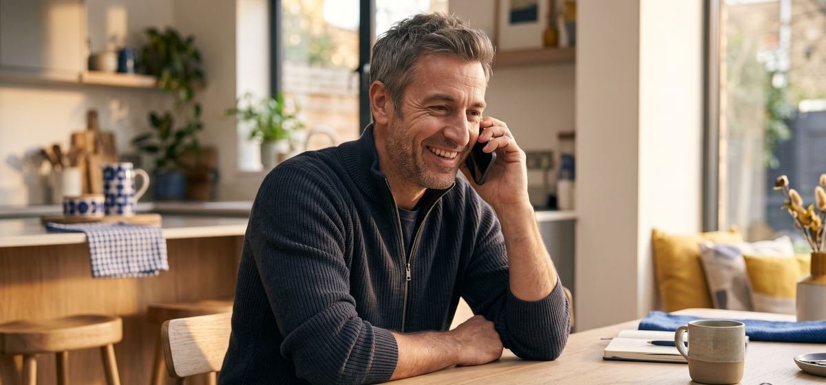 Man calling family abroad from his kitchen