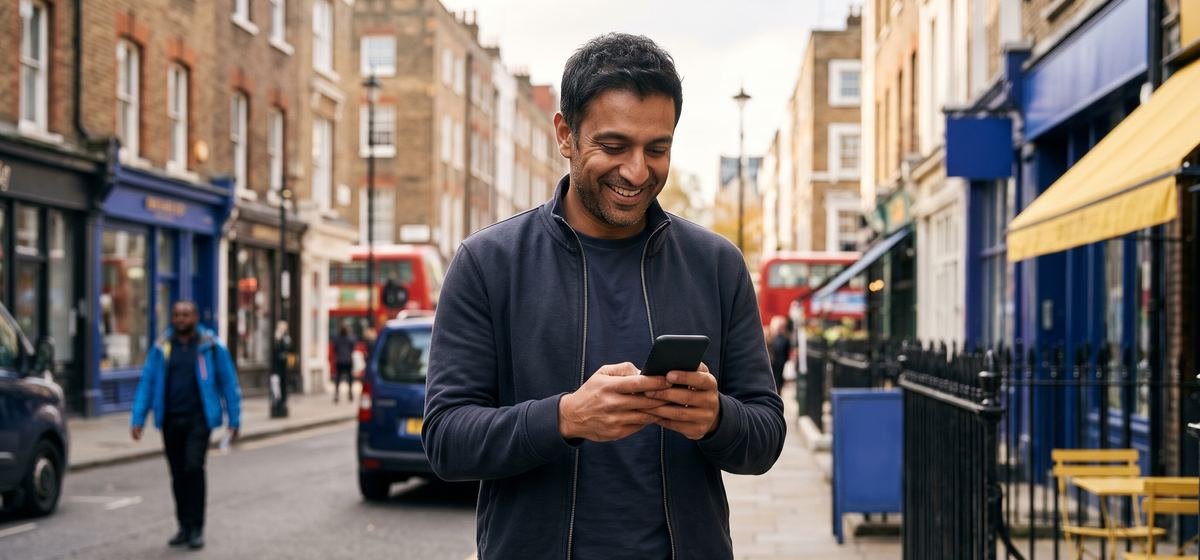 Man on a London street sending mobile credit abroad