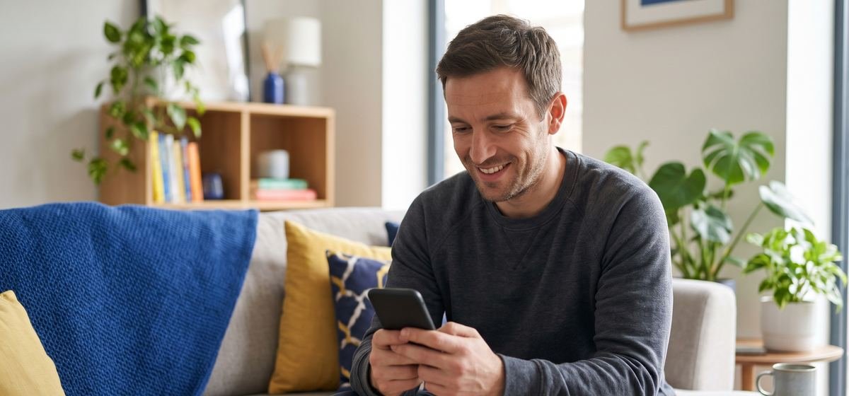 Man at home topping up his mobile on his phone