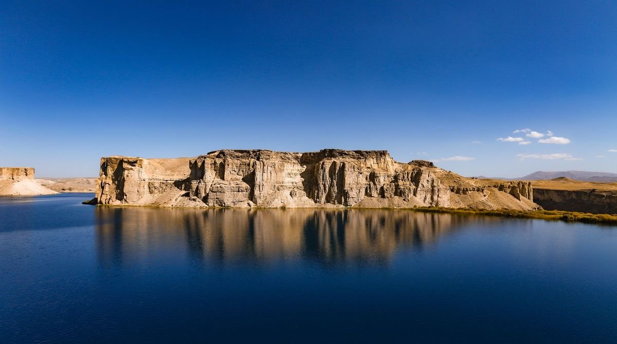 Turquoise lake below pale cliffs at Band-e Amir, Afghanistan