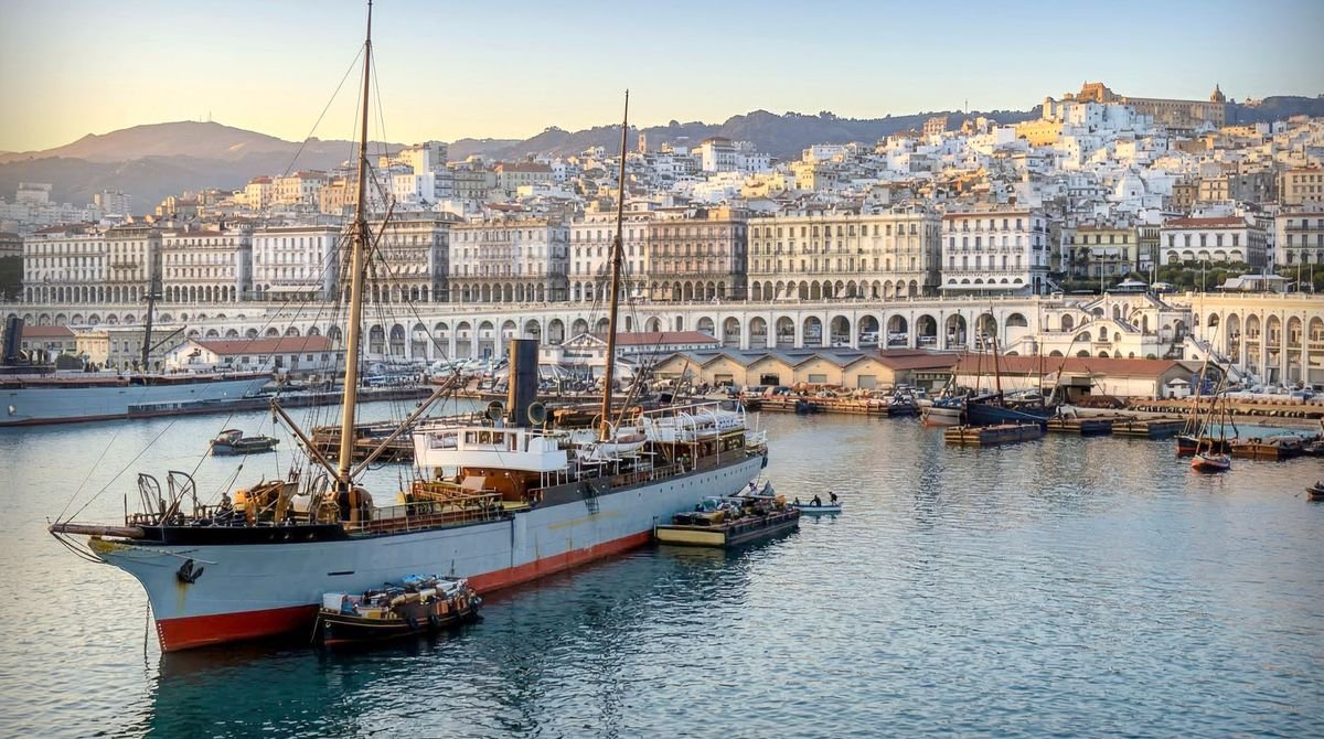 Ships in the harbour below the white buildings of Algiers, Algeria