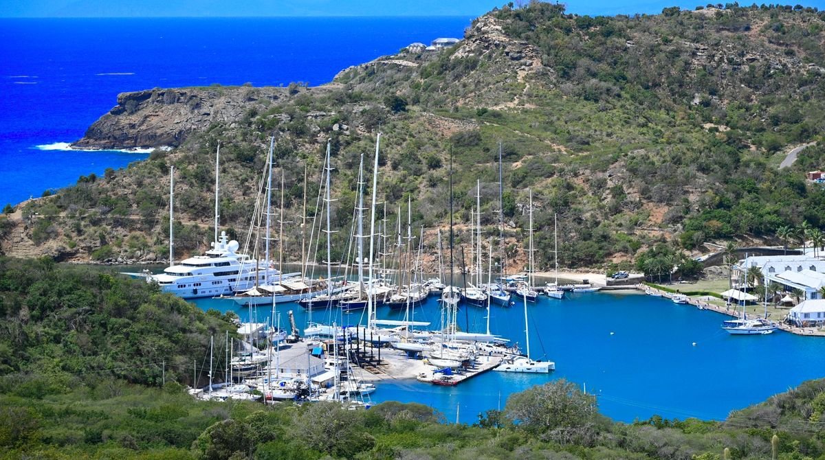 Yachts moored in a sheltered harbour in Antigua