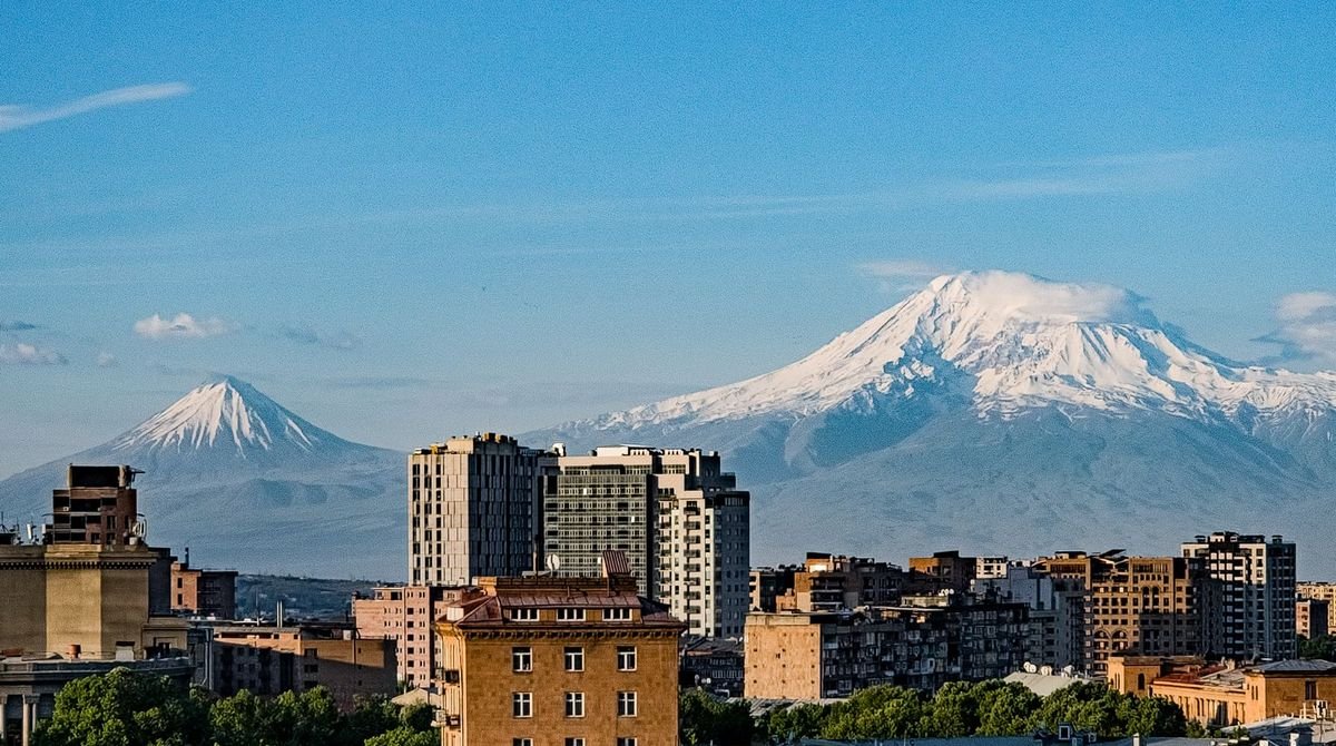 Mount Ararat rising above the rooftops of Yerevan, Armenia