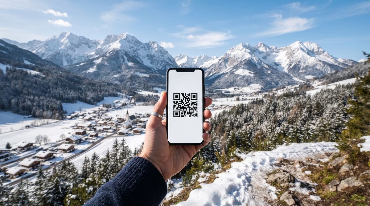 Hand holding a phone with a travel eSIM QR code in front of snowy mountains in the Austrian Tyrol