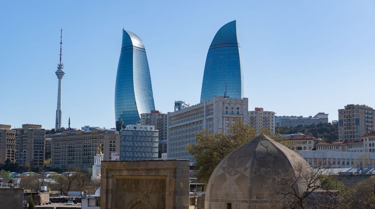 Flame Towers above the old city of Baku, Azerbaijan