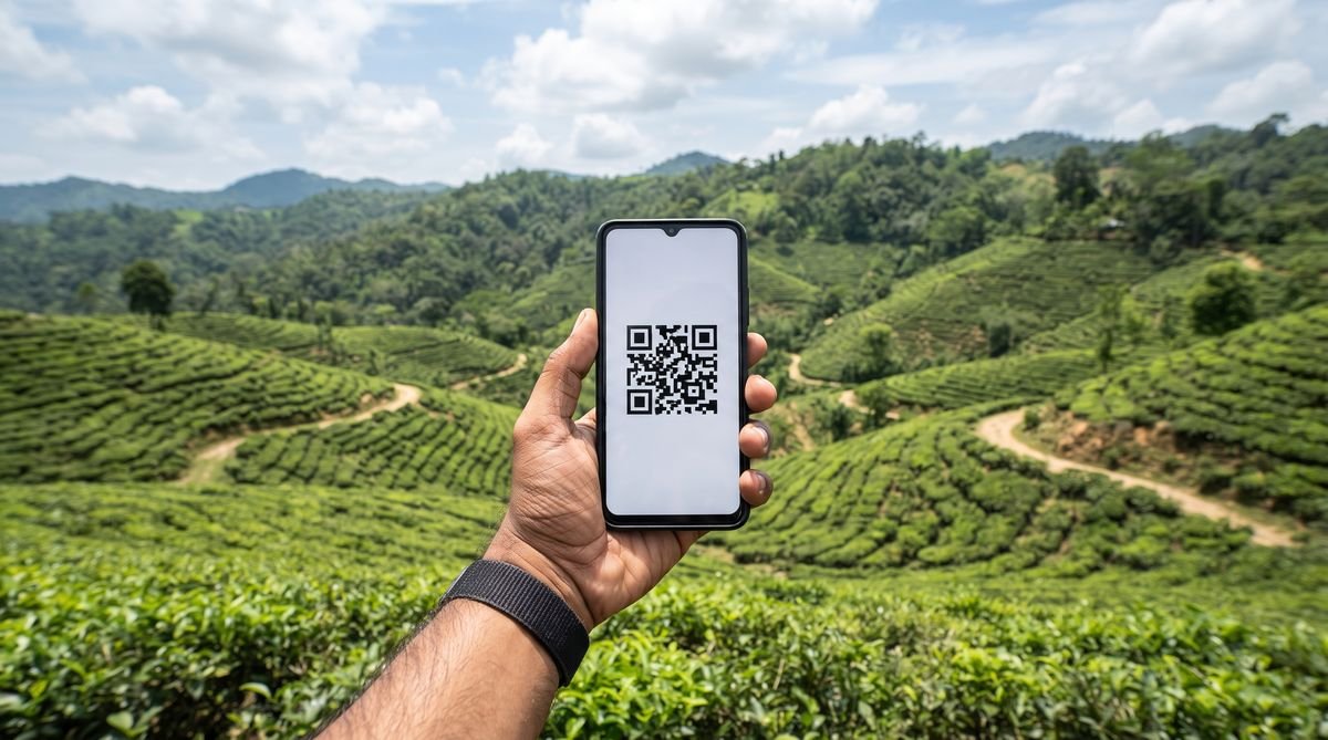 Hand holding a phone with a travel eSIM QR code in front of tea gardens near Sylhet, Bangladesh