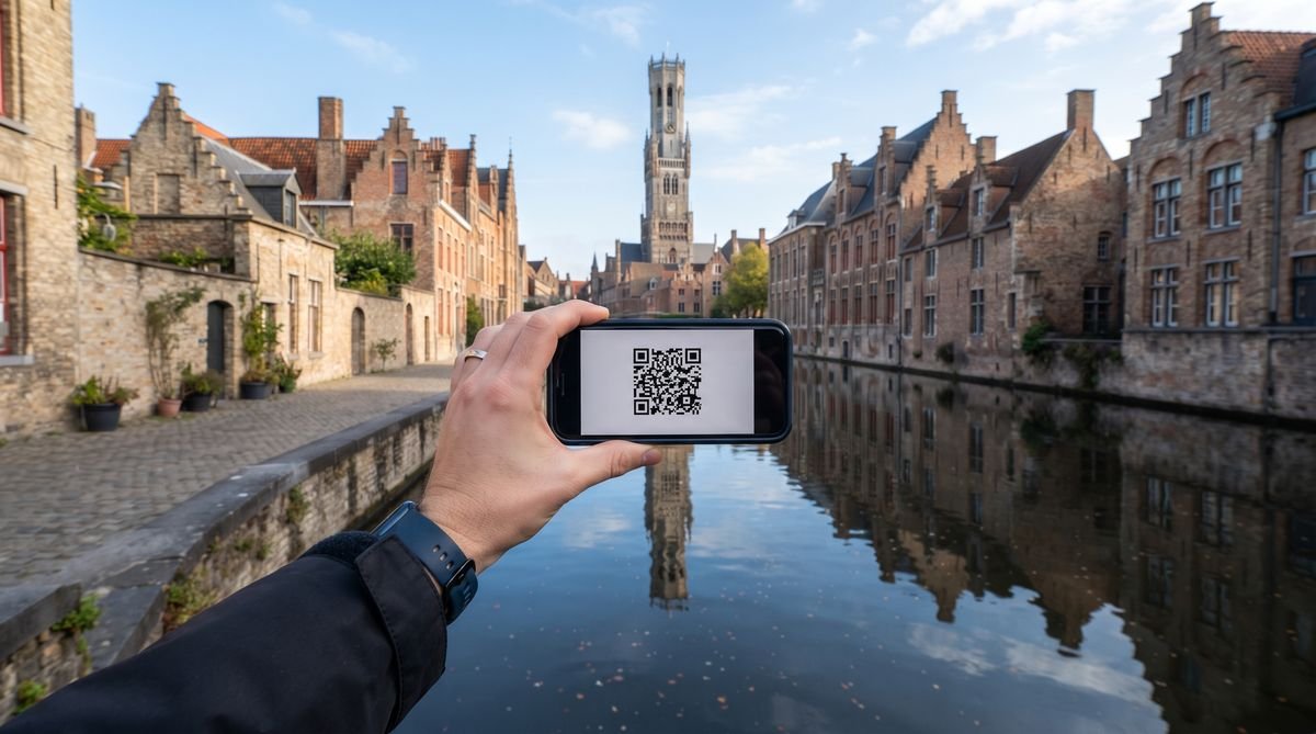 Hand holding a phone with a travel eSIM QR code beside a canal in Bruges, Belgium