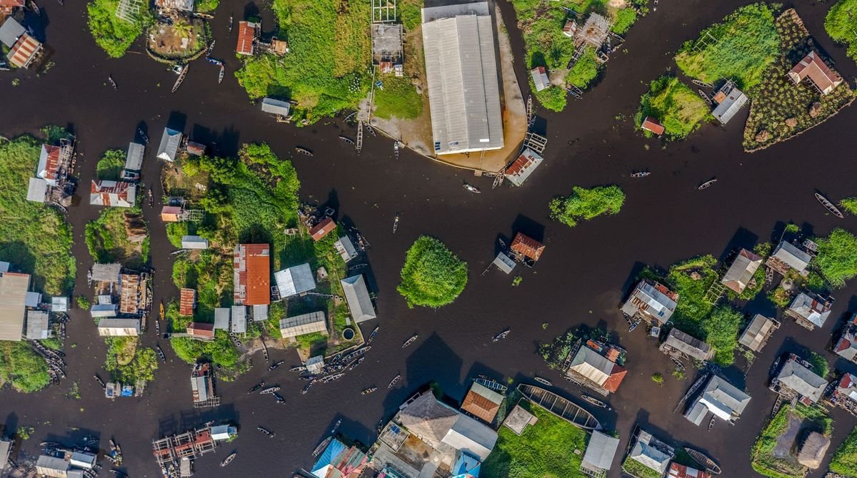 Aerial view of the stilt village of Ganvie on Lake Nokoue, Benin