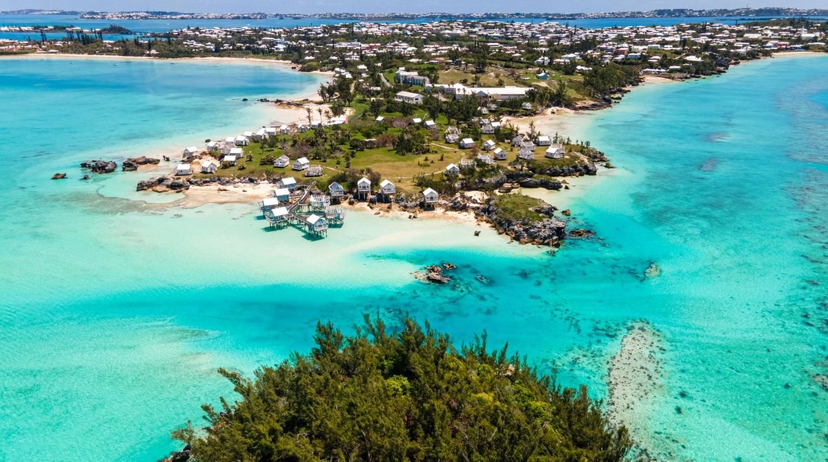 Aerial view of turquoise bays and green islands in Bermuda
