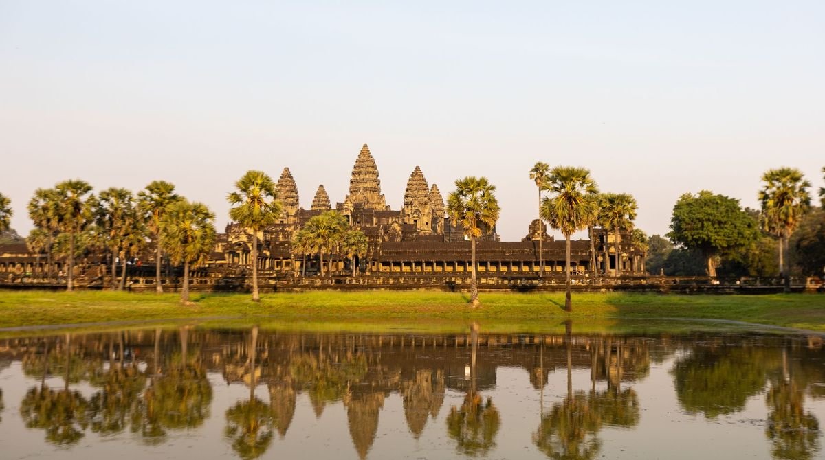 Angkor Wat reflected in the pond at sunrise, Cambodia