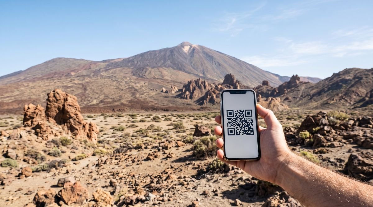Hand holding a phone with a travel eSIM QR code in front of Mount Teide on Tenerife