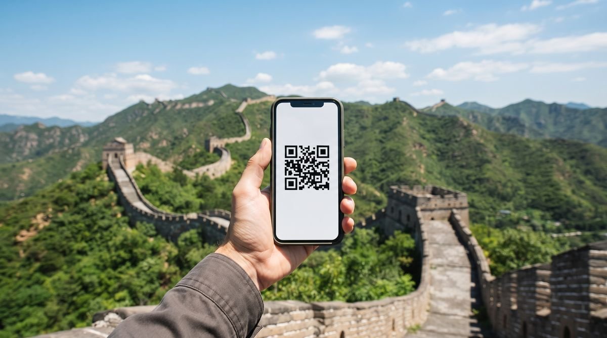 Hand holding a phone with a travel eSIM QR code in front of the Great Wall of China