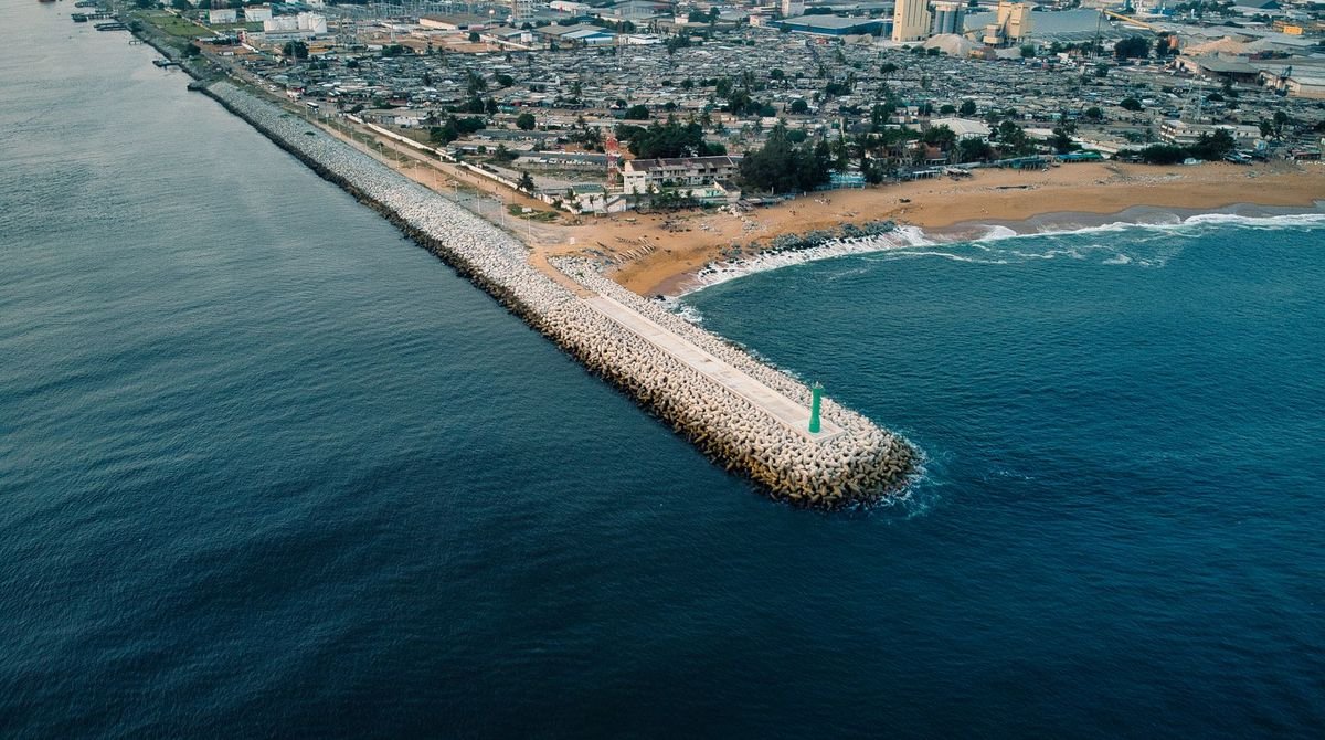 Breakwater and coastline in Abidjan, Cote d'Ivoire