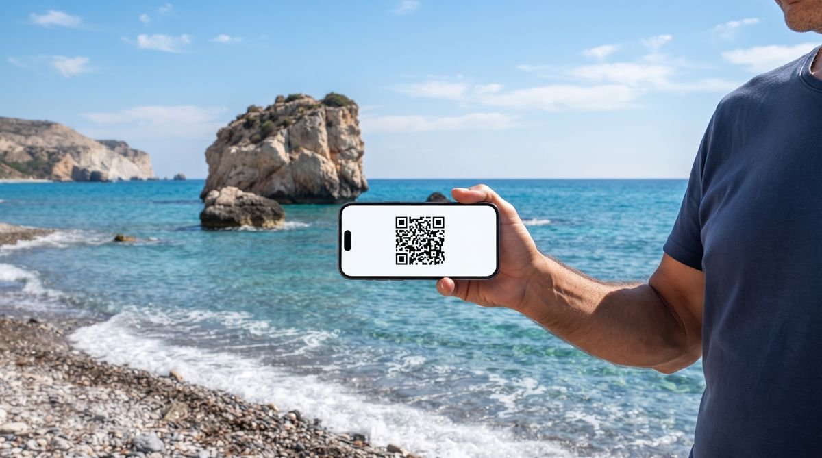 Hand holding a phone with a travel eSIM QR code at Aphrodite's Rock near Paphos in Cyprus