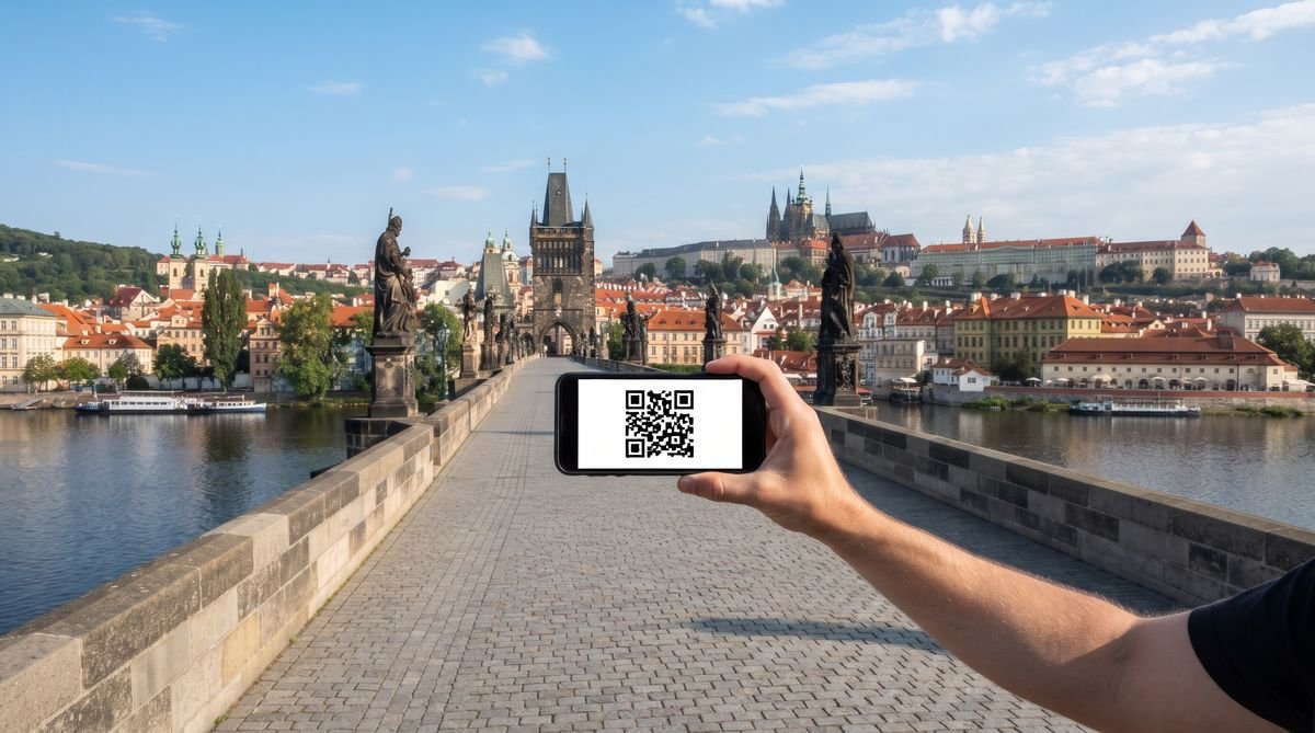 Hand holding a phone with a travel eSIM QR code in front of Charles Bridge and Prague Castle