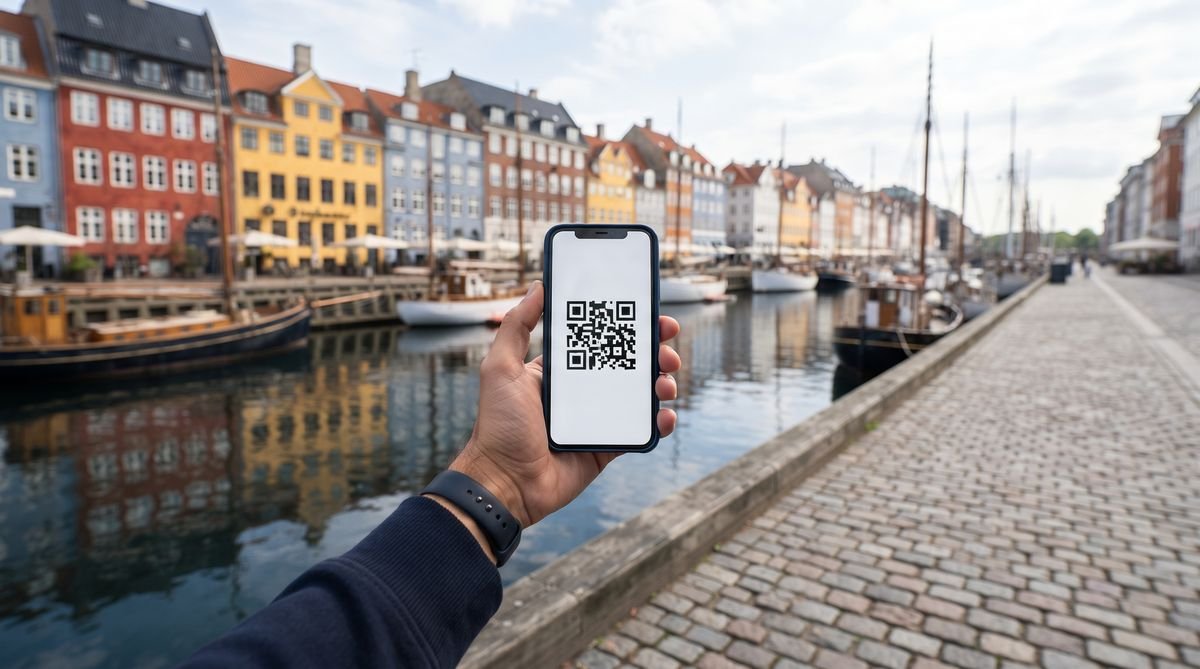 Hand holding a phone with a travel eSIM QR code in front of Nyhavn harbour in Copenhagen