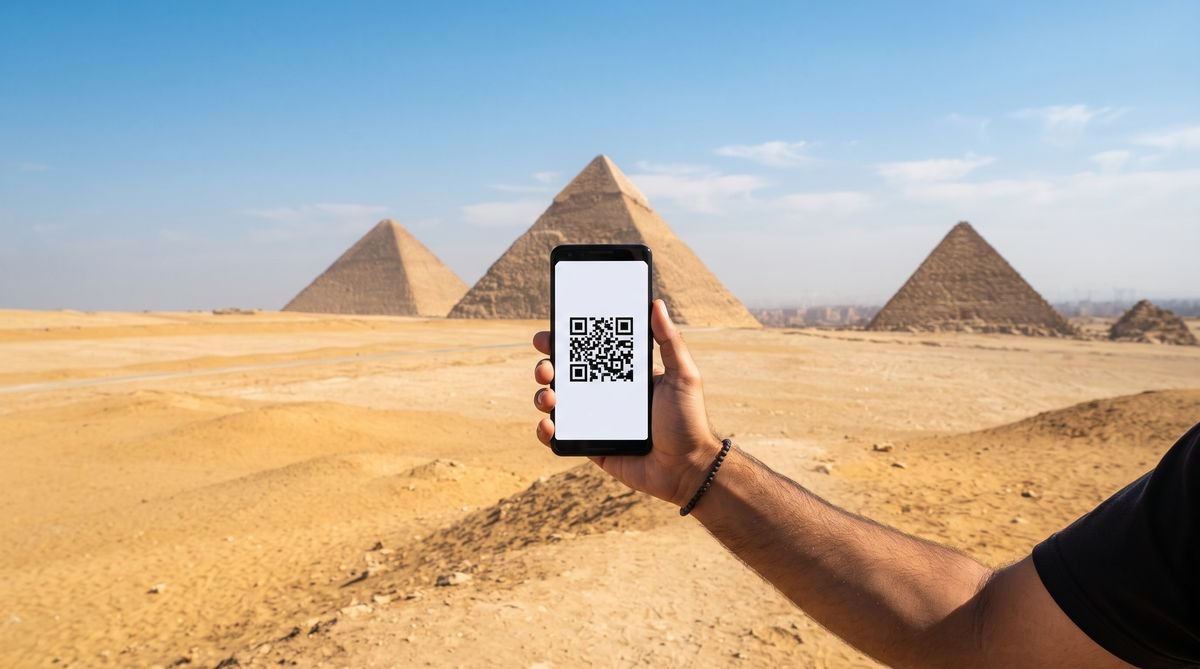 Hand holding a phone with a travel eSIM QR code in front of the Pyramids of Giza in Egypt