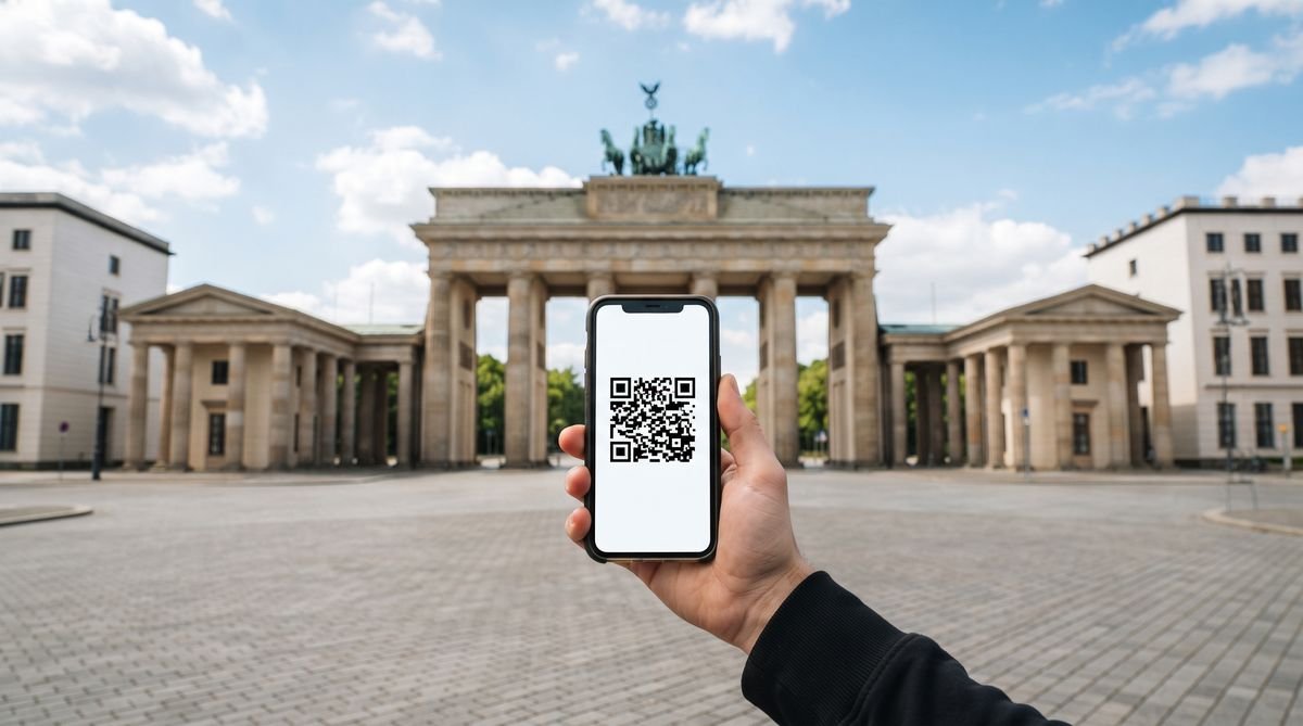 Hand holding a phone with a travel eSIM QR code in front of the Brandenburg Gate in Berlin