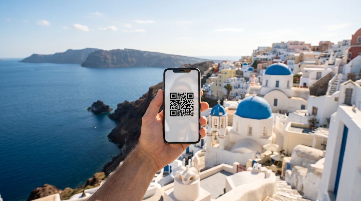 Hand holding a phone with a travel eSIM QR code above the white houses of Santorini in Greece