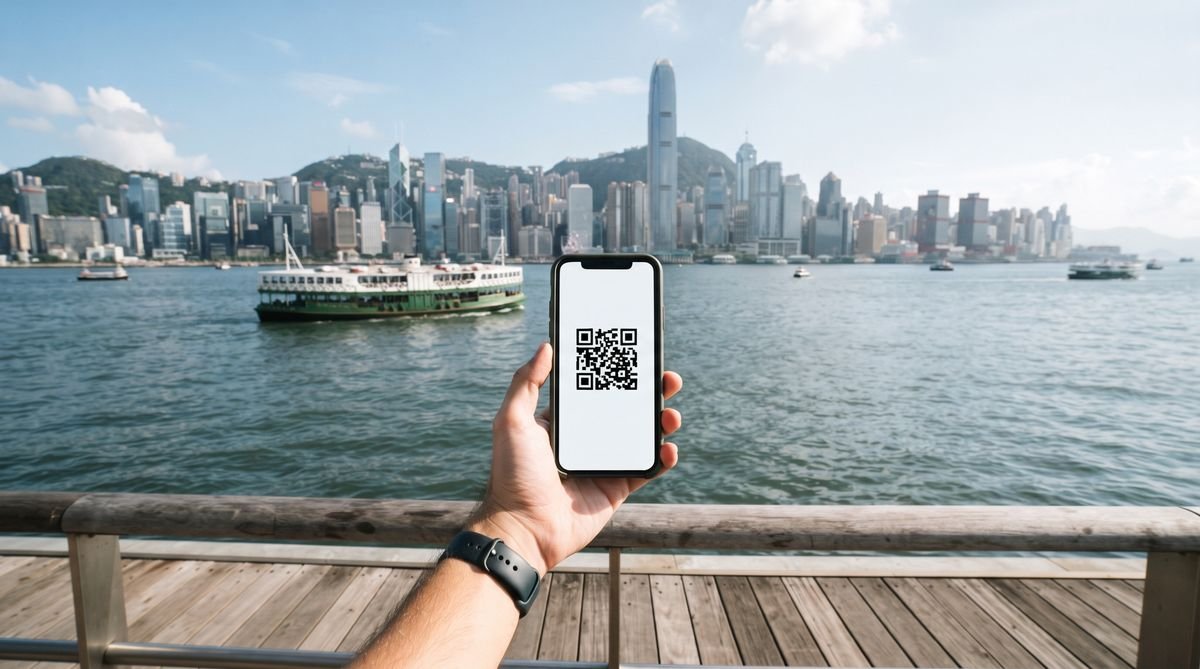 Hand holding a phone with a travel eSIM QR code in front of Victoria Harbour in Hong Kong