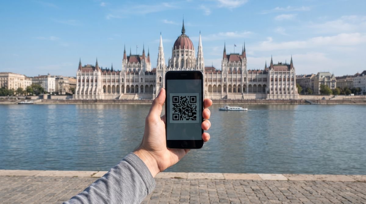 Hand holding a phone with a travel eSIM QR code in front of the Parliament Building in Budapest