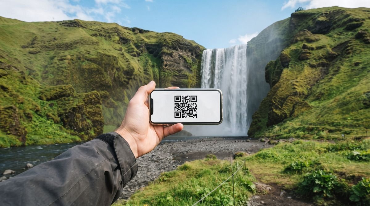 Hand holding a phone with a travel eSIM QR code in front of Skógafoss waterfall in Iceland