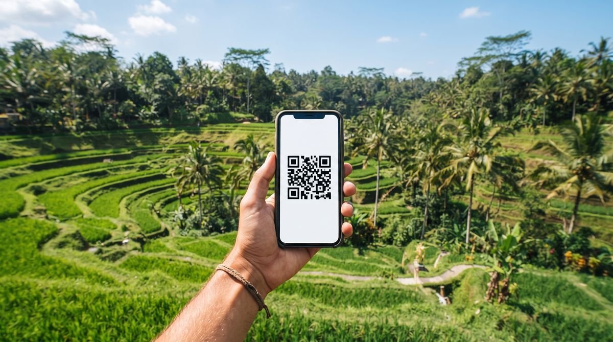 Hand holding a phone with a travel eSIM QR code in front of rice terraces in Bali, Indonesia