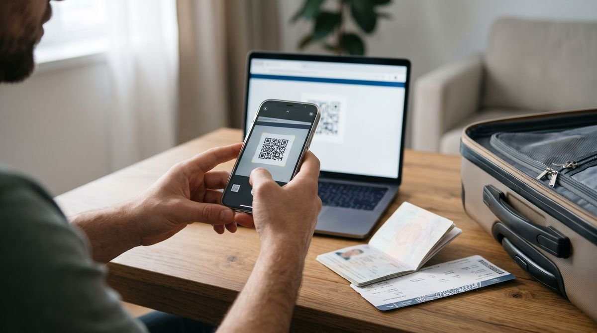 Scanning a travel eSIM QR code on a phone at home before the flight