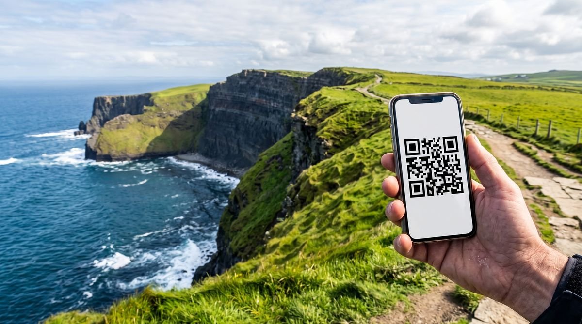 Hand holding a phone with a travel eSIM QR code at the Cliffs of Moher in Ireland