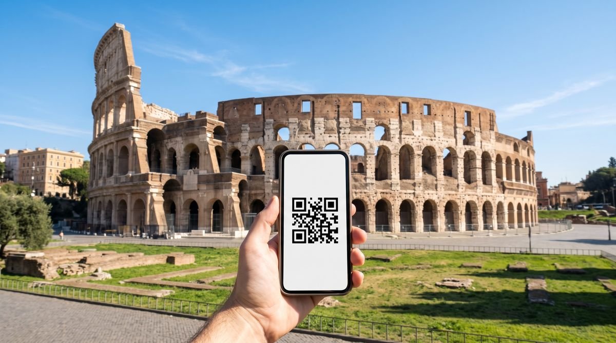 Hand holding a phone with a travel eSIM QR code in front of the Colosseum in Rome