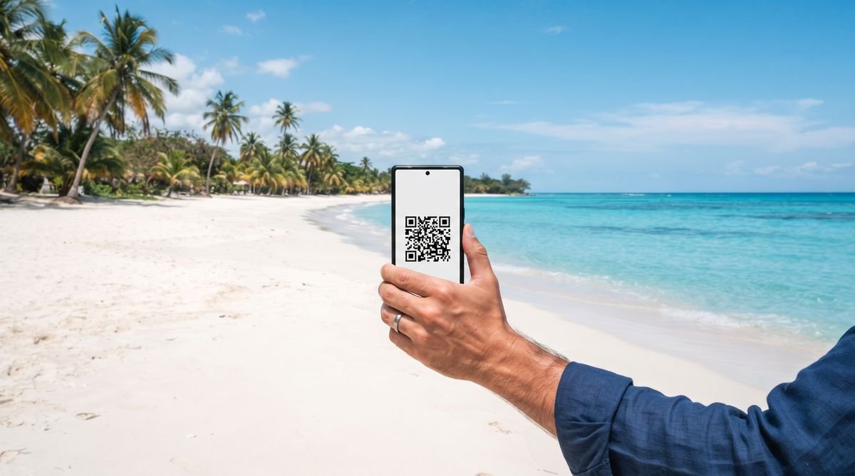 Hand holding a phone with a travel eSIM QR code on Seven Mile Beach in Negril, Jamaica