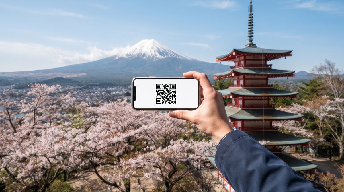 Hand holding a phone with a travel eSIM QR code in front of Mount Fuji and a red pagoda in Japan