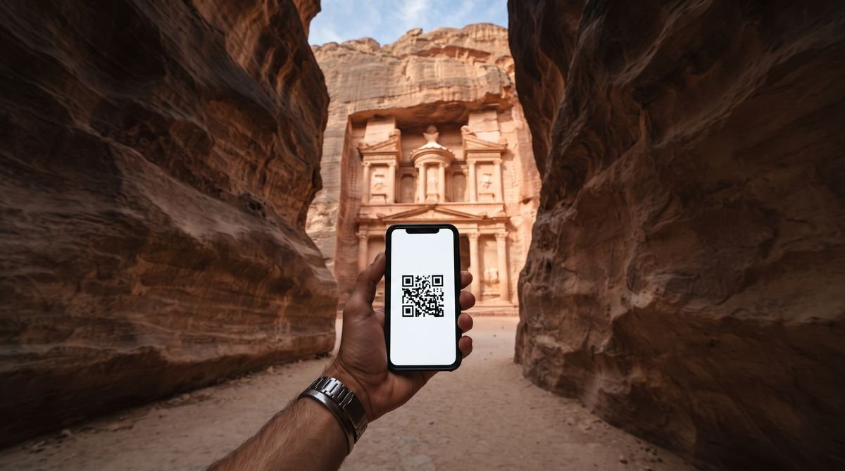 Hand holding a phone with a travel eSIM QR code in front of the Treasury in Petra, Jordan