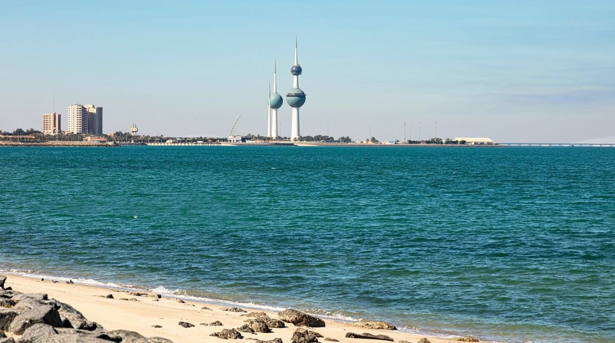 Kuwait Towers seen across the beach, Kuwait City