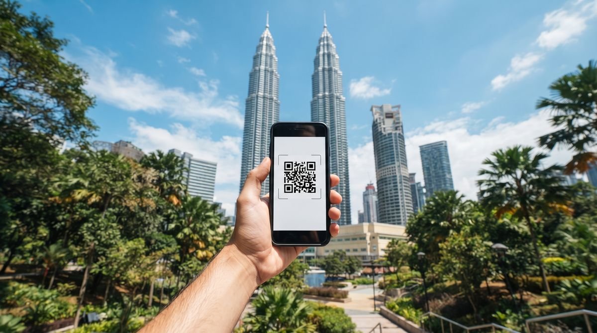 Hand holding a phone with a travel eSIM QR code in front of the Petronas Twin Towers in Kuala Lumpur
