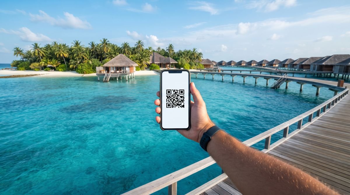 Hand holding a phone with a travel eSIM QR code in front of overwater villas in the Maldives