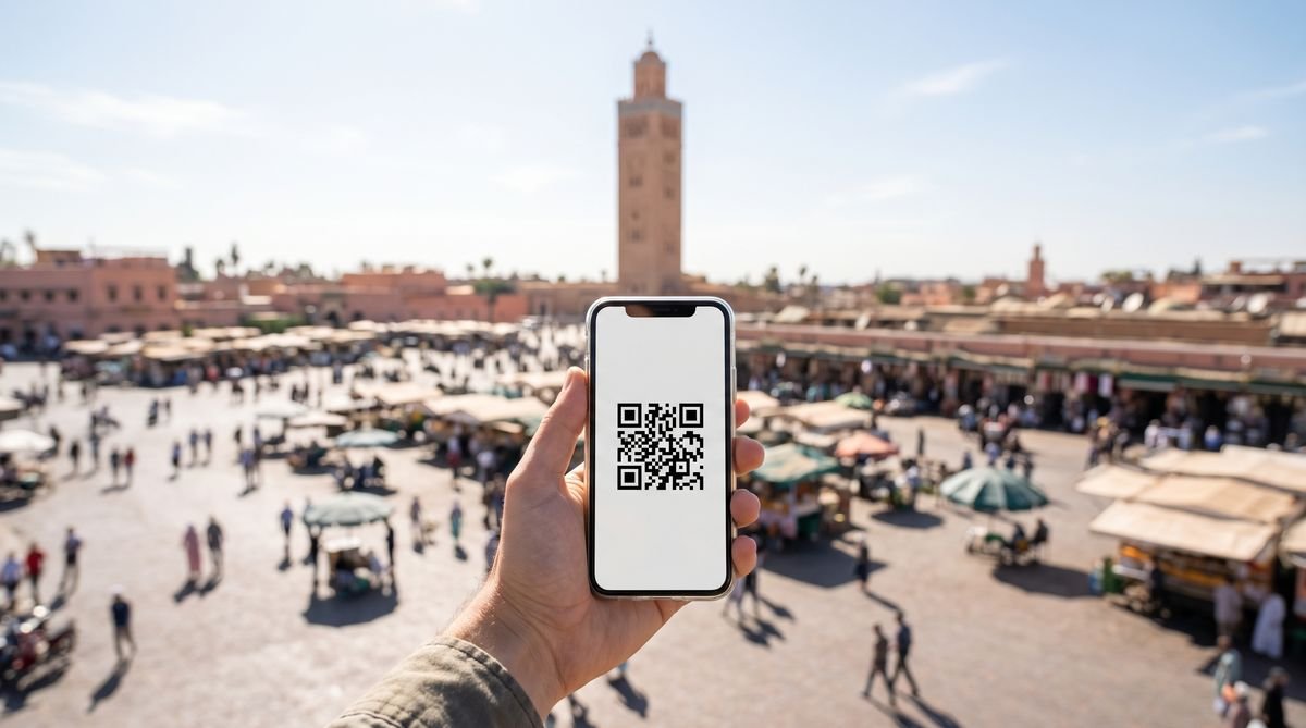 Hand holding a phone with a travel eSIM QR code in front of the Koutoubia minaret in Marrakech