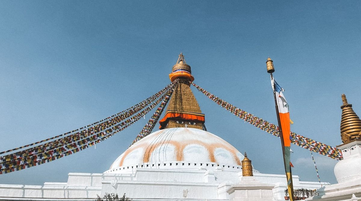Boudhanath Stupa with prayer flags in Kathmandu, Nepal