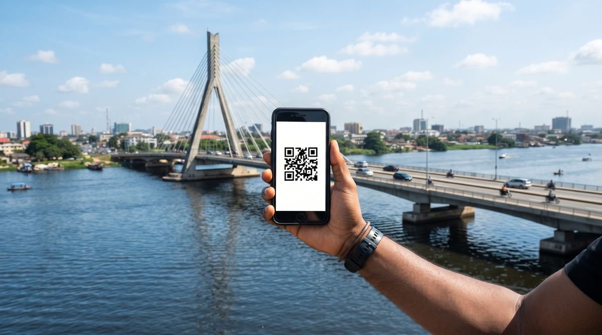 Hand holding a phone with a travel eSIM QR code in front of the Lekki-Ikoyi Link Bridge in Lagos