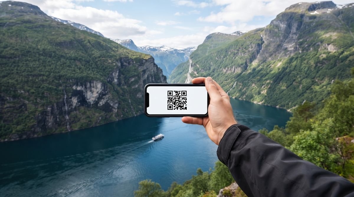 Hand holding a phone with a travel eSIM QR code above the Geirangerfjord in Norway