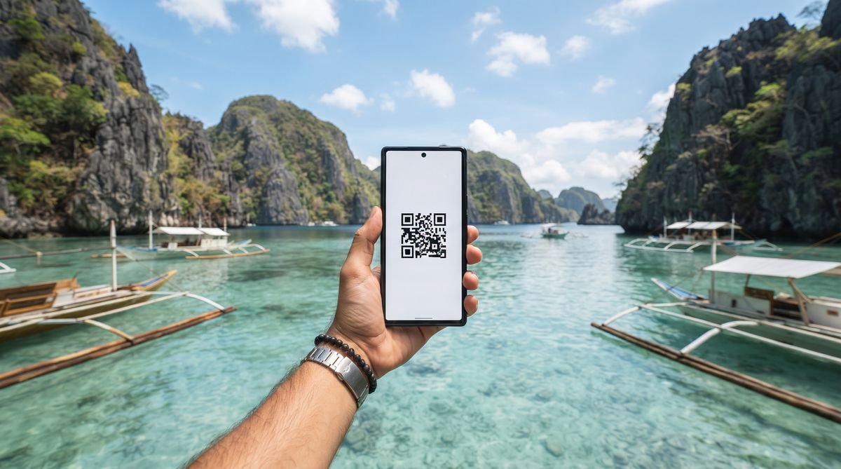 Hand holding a phone with a travel eSIM QR code in front of a lagoon in El Nido, Philippines