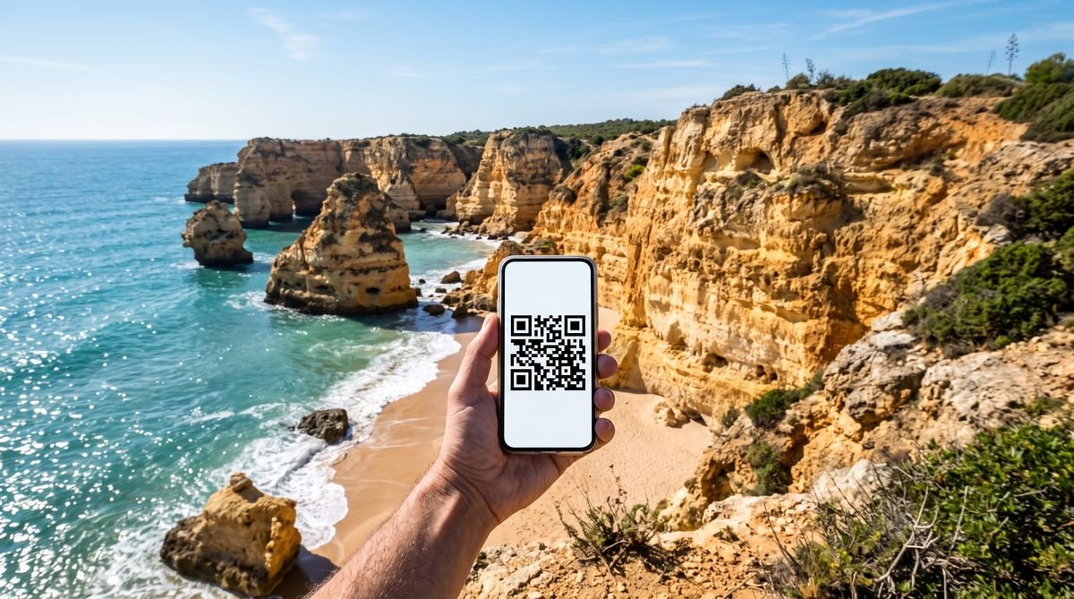 Hand holding a phone with a travel eSIM QR code above a cove on the Algarve coast in Portugal