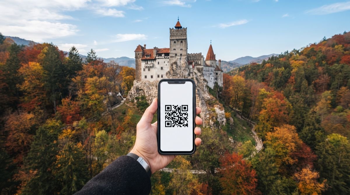 Hand holding a phone with a travel eSIM QR code in front of Bran Castle in Transylvania, Romania