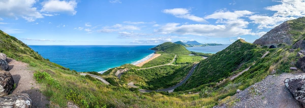 Green hills and bays on the south-east peninsula of St Kitts