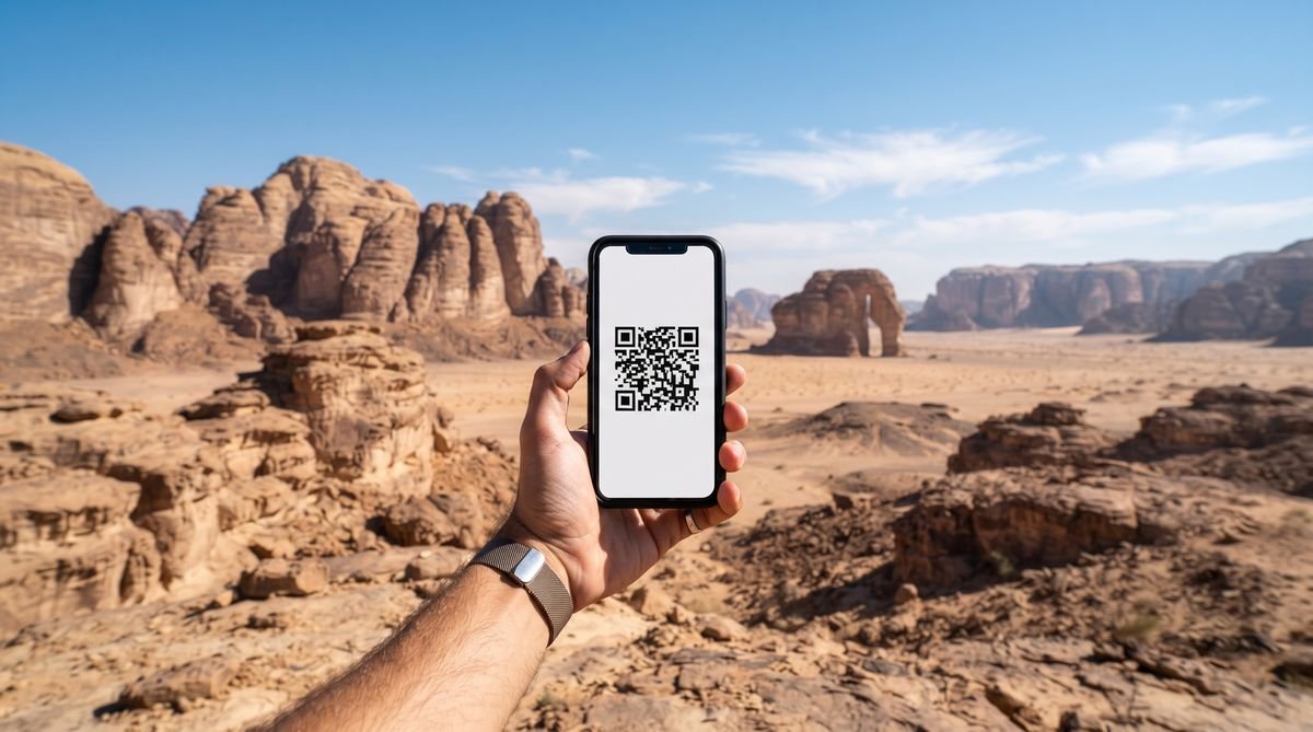 Hand holding a phone with a travel eSIM QR code in front of the sandstone rocks of AlUla, Saudi Arabia