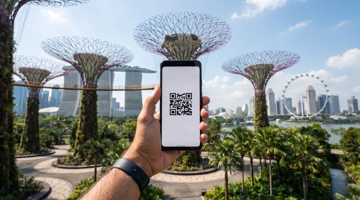 Hand holding a phone with a travel eSIM QR code in front of Gardens by the Bay in Singapore