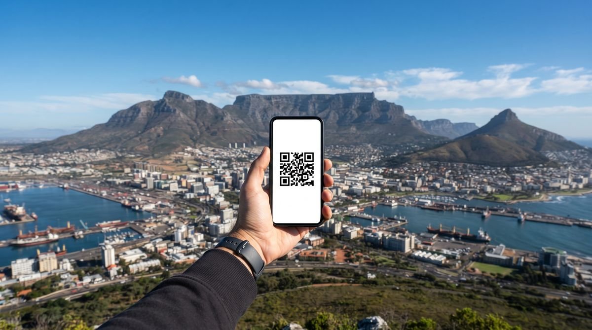 Hand holding a phone with a travel eSIM QR code in front of Table Mountain in Cape Town