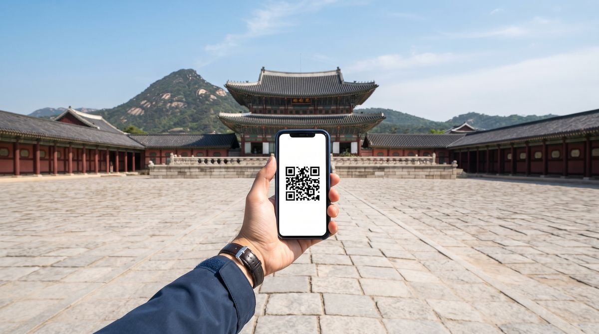 Hand holding a phone with a travel eSIM QR code in front of Gyeongbokgung Palace in Seoul